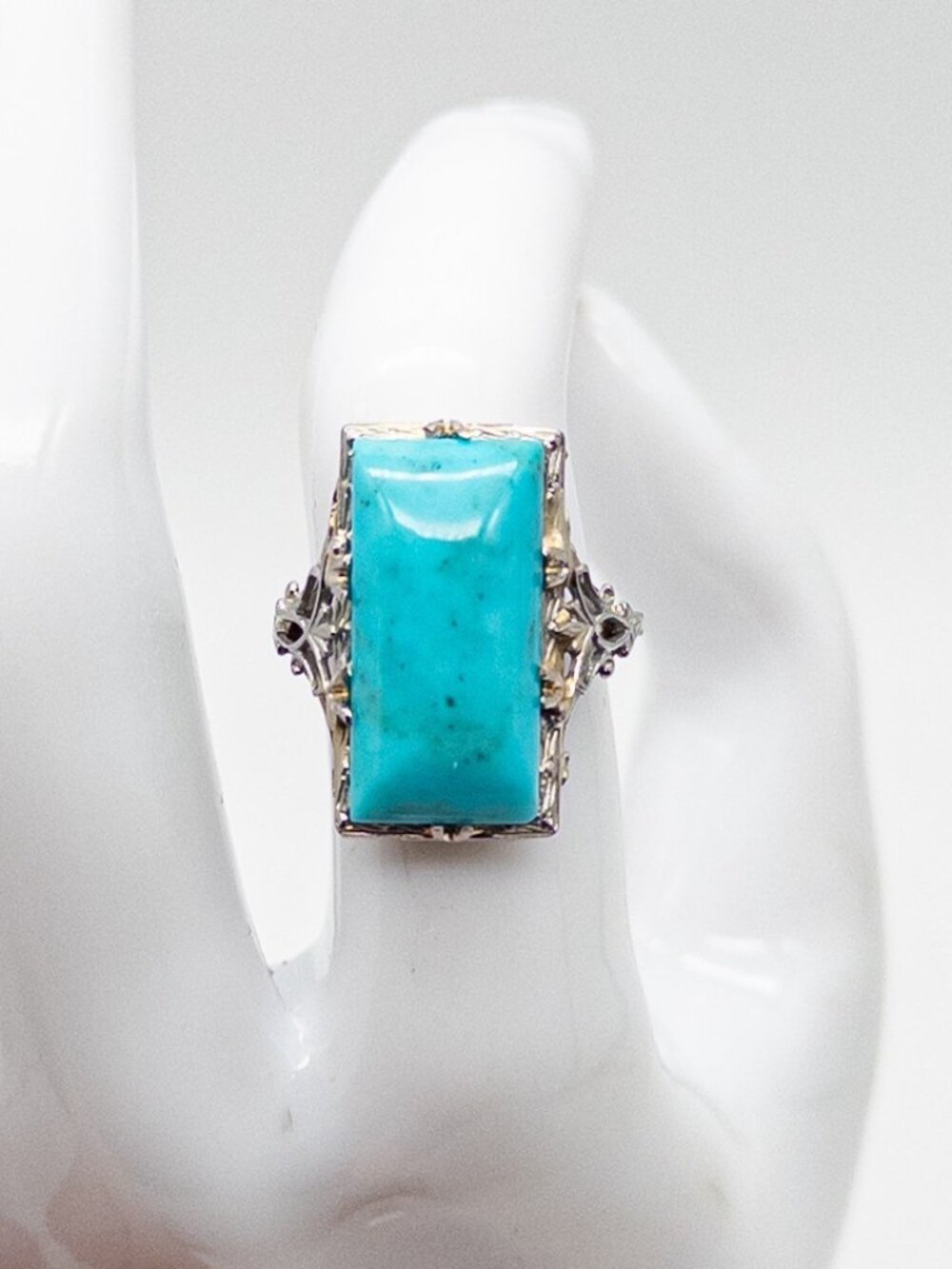 Lovely 18k White Gold Ring Antique 1920s 10ct Natural Turquoise GEM Filigree 5g